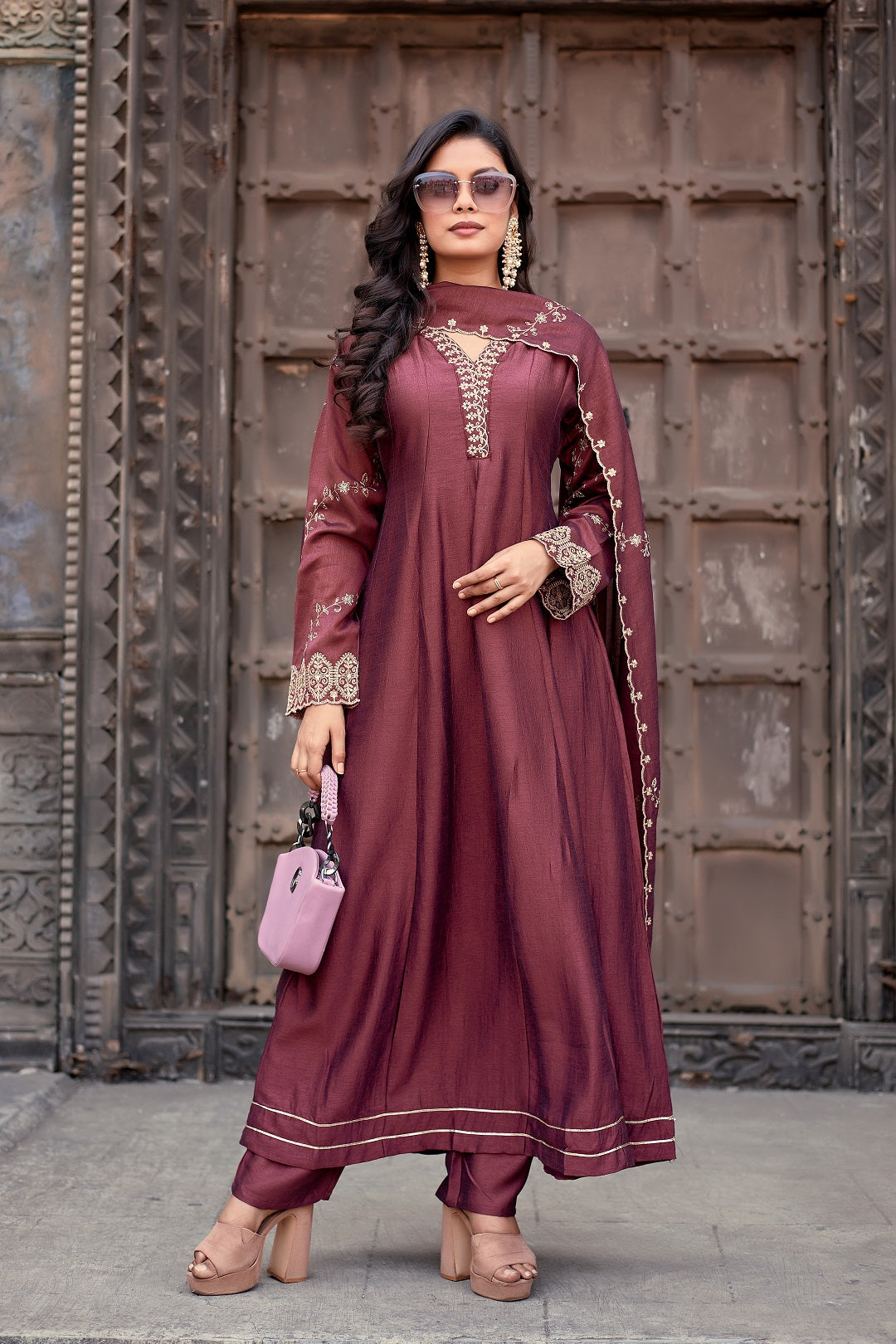 Dwija Fashion Anarkali Kurti Vichitra Silk Embroidered Maroon Color Kurti With Pant And Dupatta - Dista