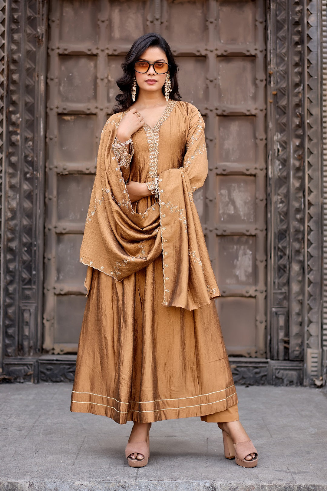 Dwija Fashion Anarkali Kurti Vichitra Silk Embroidered Maroon Color Kurti With Pant And Dupatta - Dista