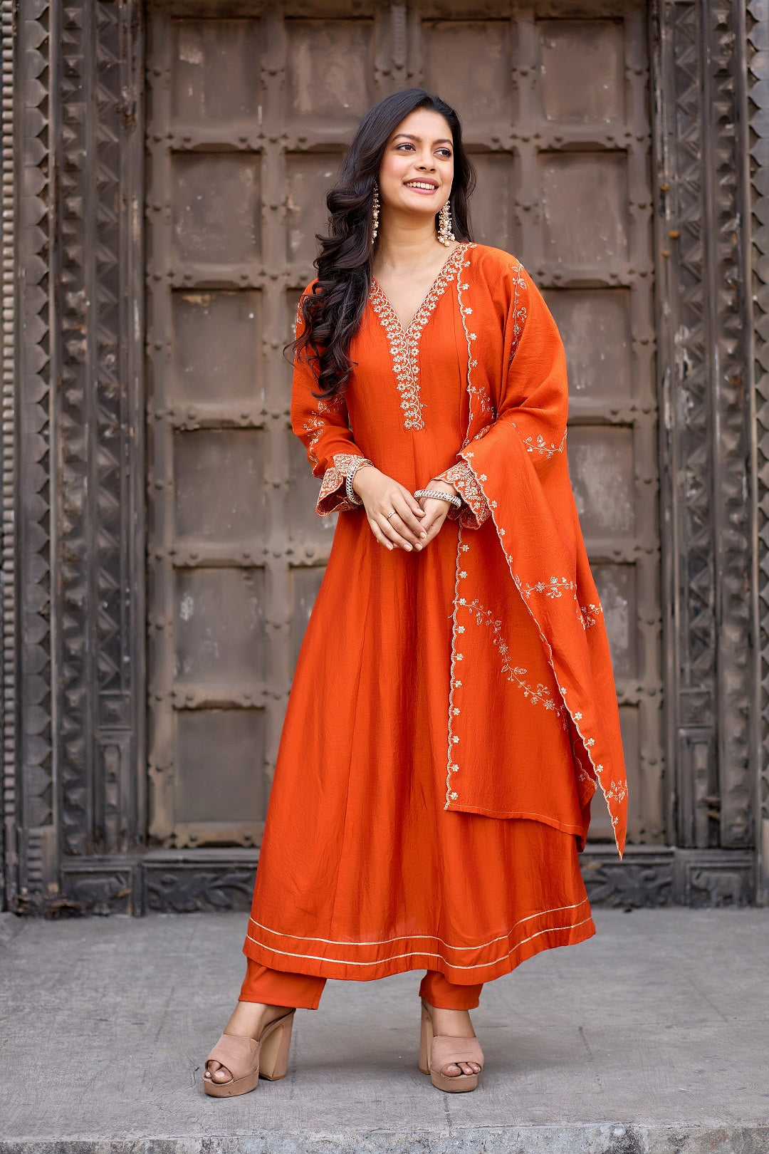 Dwija Fashion Anarkali Kurti Vichitra Silk Embroidered Maroon Color Kurti With Pant And Dupatta - Dista