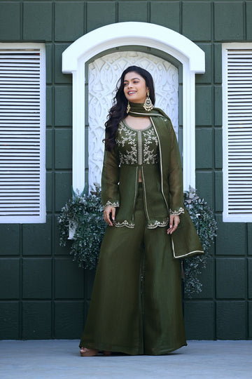 Dwija Fashion Short Kurti Crepe Embroidered Lime Green Color Kurti With Palazzo And Dupatta - Dista