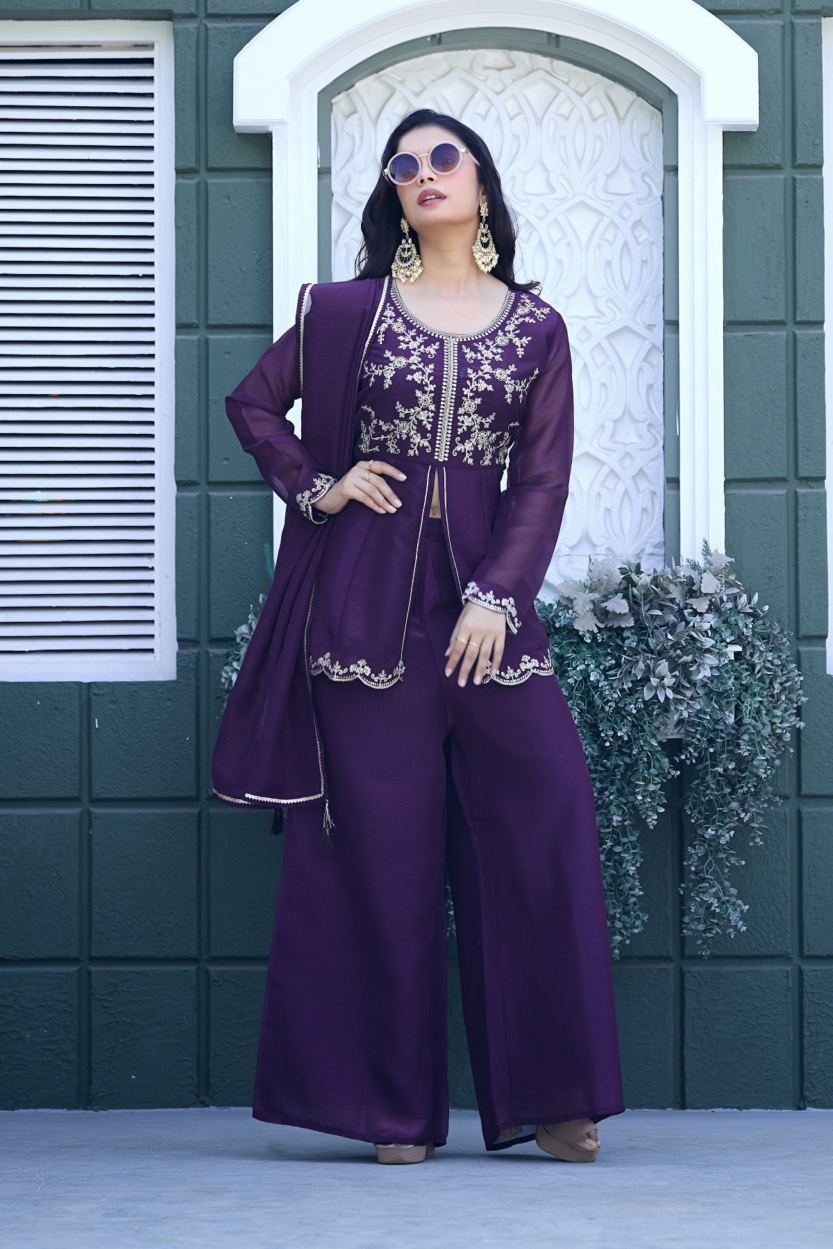 Dwija Fashion Short Kurti Crepe Embroidered Purple Color Kurti With Palazzo And Dupatta - Dista