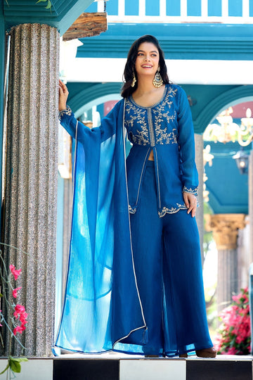 Dwija Fashion Short Kurti Crepe Embroidered Blue Color Kurti With Palazzo And Dupatta - Dista