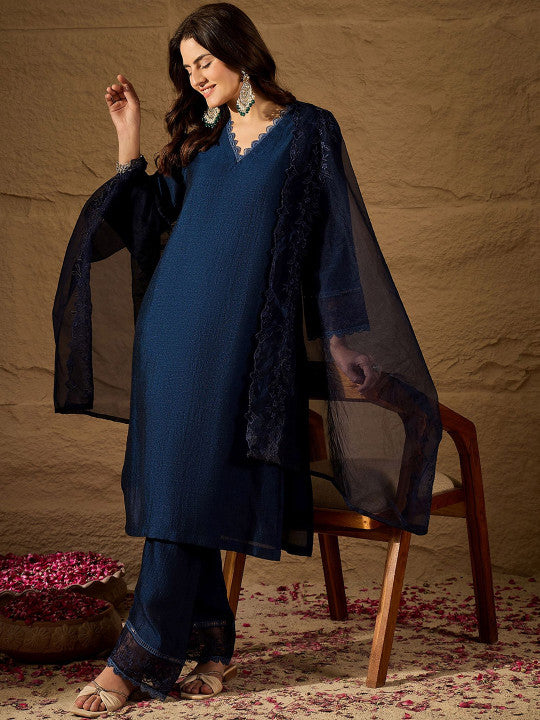 Dwija Fashion A-Line Kurti Vichitra Silk Solid Navy Blue Color Kurti With Pant And Dupatta - Dista