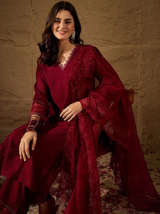 Dwija Fashion A-Line Kurti Vichitra Silk Solid Maroon Color Kurti With Pant And Dupatta - Dista