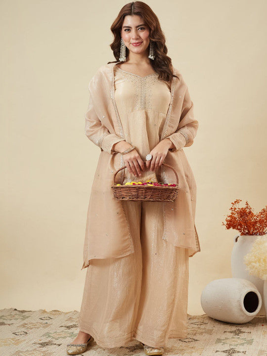 Dwija Fashion Short Kurti Crepe Embroidered Beige Color Kurti With Palazzo And Dupatta - Dista