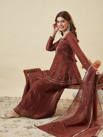 Dwija Fashion Short Kurti Crepe Embroidered Brown Color Kurti With Palazzo And Dupatta - Dista