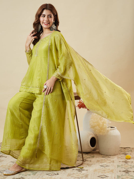 Dwija Fashion Short Kurti Crepe Embroidered Lime Green Color Kurti With Palazzo And Dupatta - Dista