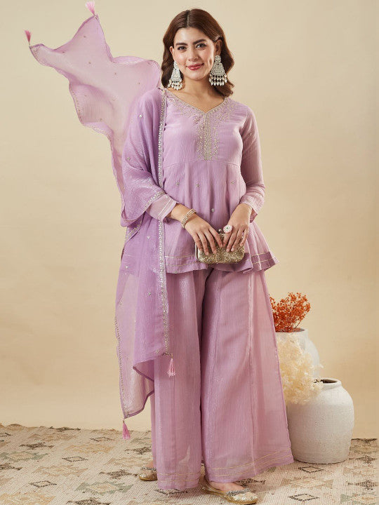 Dwija Fashion Short Kurti Crepe Embroidered Lavender Color Kurti With Palazzo And Dupatta - Dista