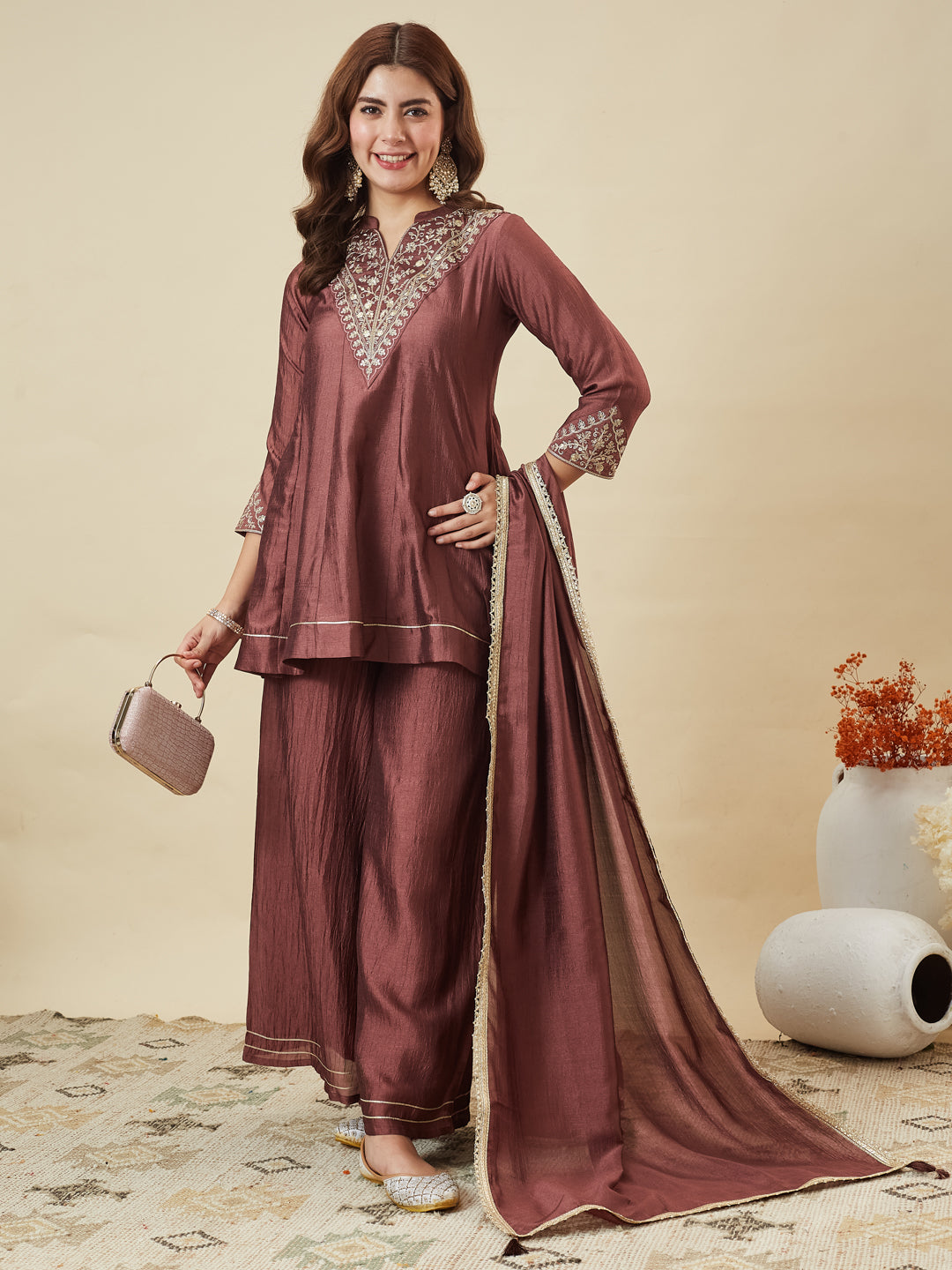 Dwija Fashion Short Kurti Vichitra Silk Embroidered Brown Color Kurti With Palazzo And Dupatta - Dista