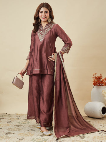 Dwija Fashion Short Kurti Vichitra Silk Embroidered Brown Color Kurti With Palazzo And Dupatta - Dista