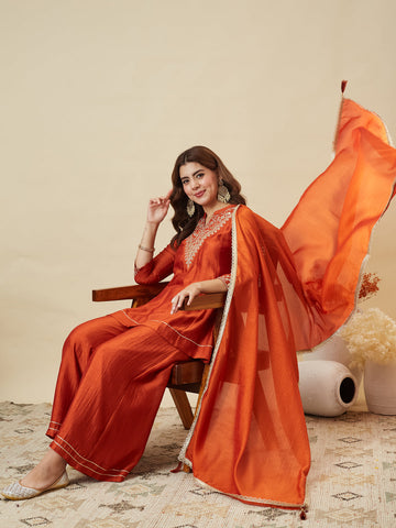 Dwija Fashion Short Kurti Vichitra Silk Embroidered Orange Color Kurti With Palazzo And Dupatta - Dista