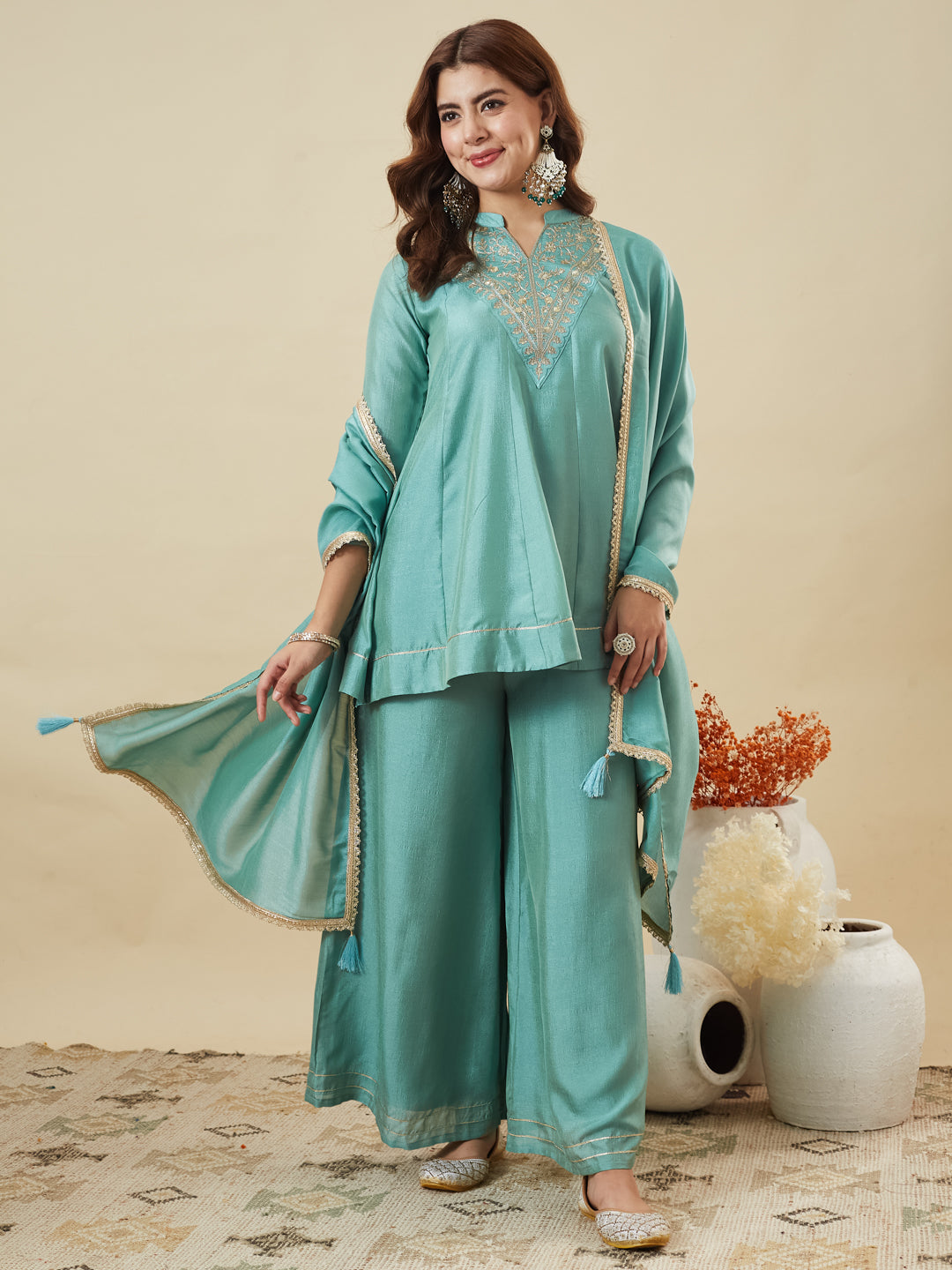 Dwija Fashion Short Kurti Vichitra Silk Embroidered Turquoise Blue Color Kurti With Palazzo And Dupatta - Dista
