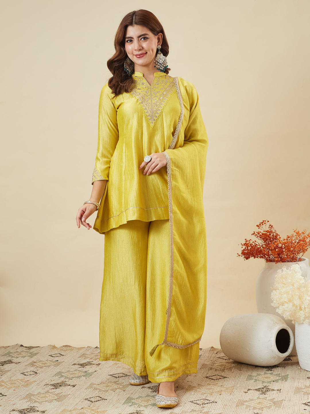 Dwija Fashion Short Kurti Vichitra Silk Embroidered Yellow Color Kurti With Palazzo And Dupatta - Dista