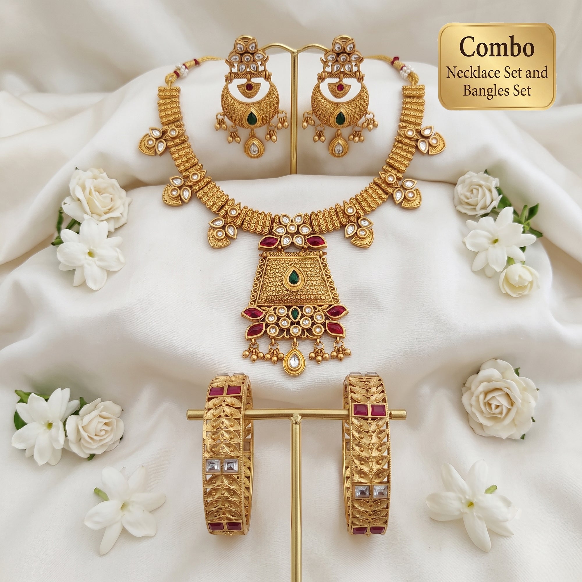 JS Fashion Combo Antique High Gold Short Necklace Set & Rajwadi Polish Bangles Set of 2 For Women - Dista