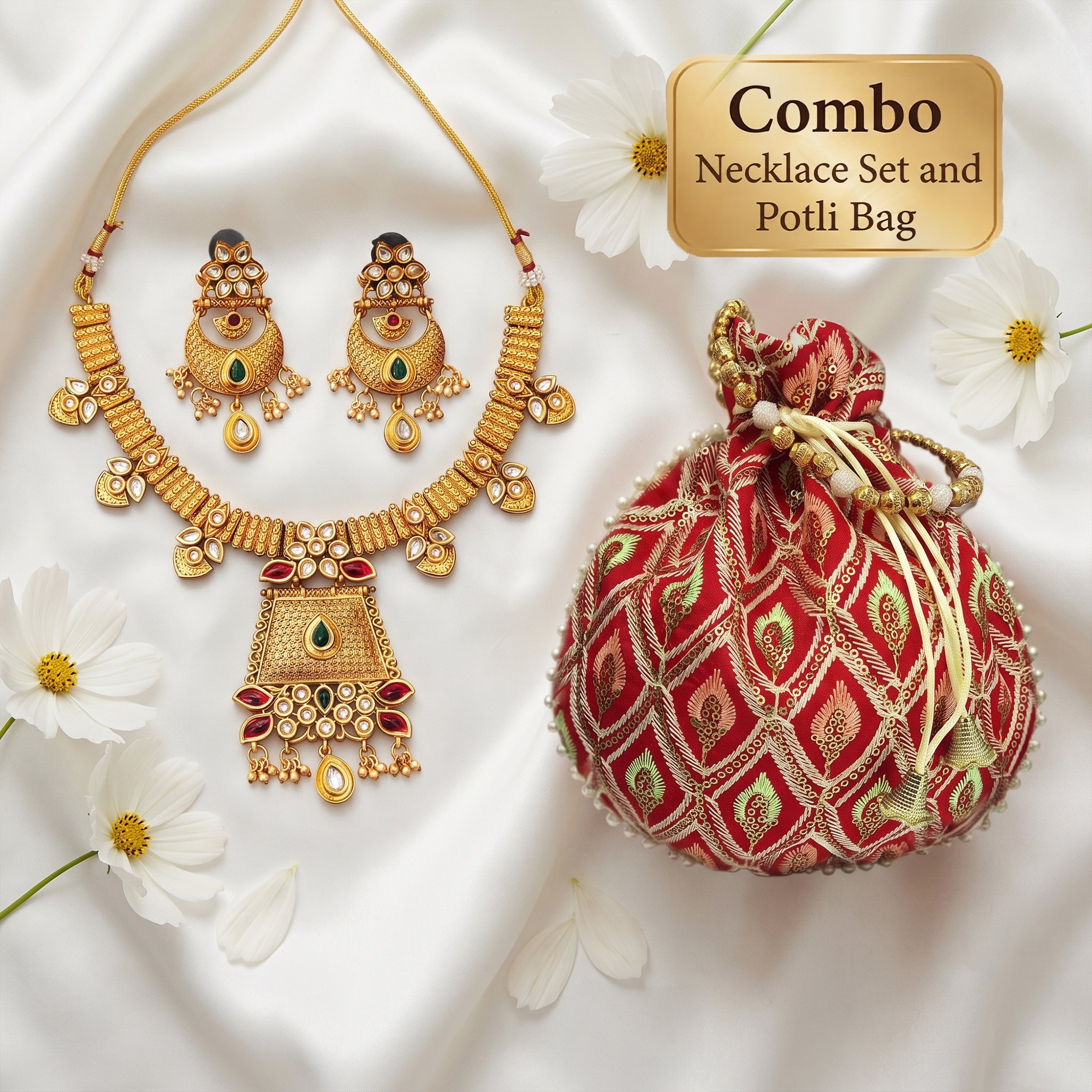 JS Fashion Combo Antique High Gold Short Necklace Set & Bridal Silk Brocade Potli Bag For Women - Dista