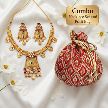 JS Fashion Combo Antique High Gold Short Necklace Set & Bridal Silk Brocade Potli Bag For Women - Dista