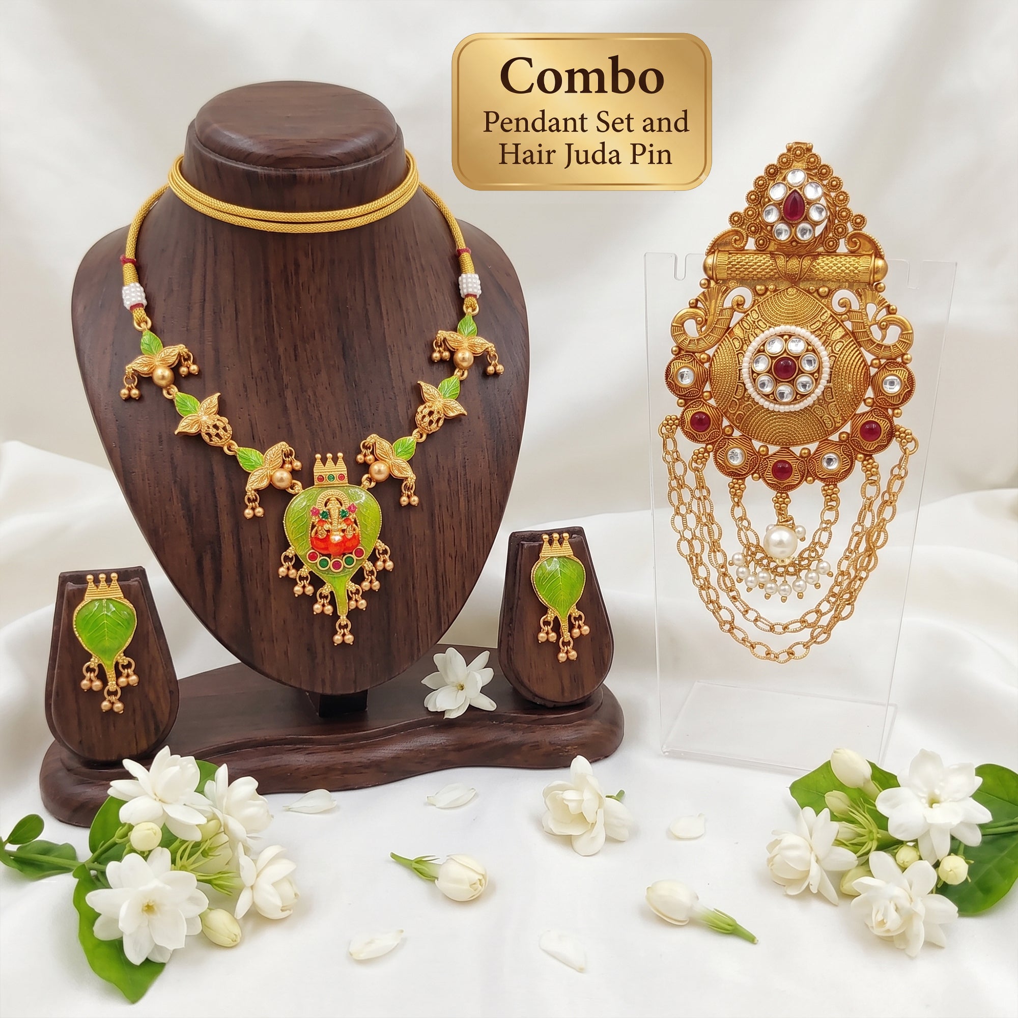JS Fashion Combo Traditional Lakshmi Temple Necklace Set & High Gold Antique Kundan Juda Pin For Women - Dista