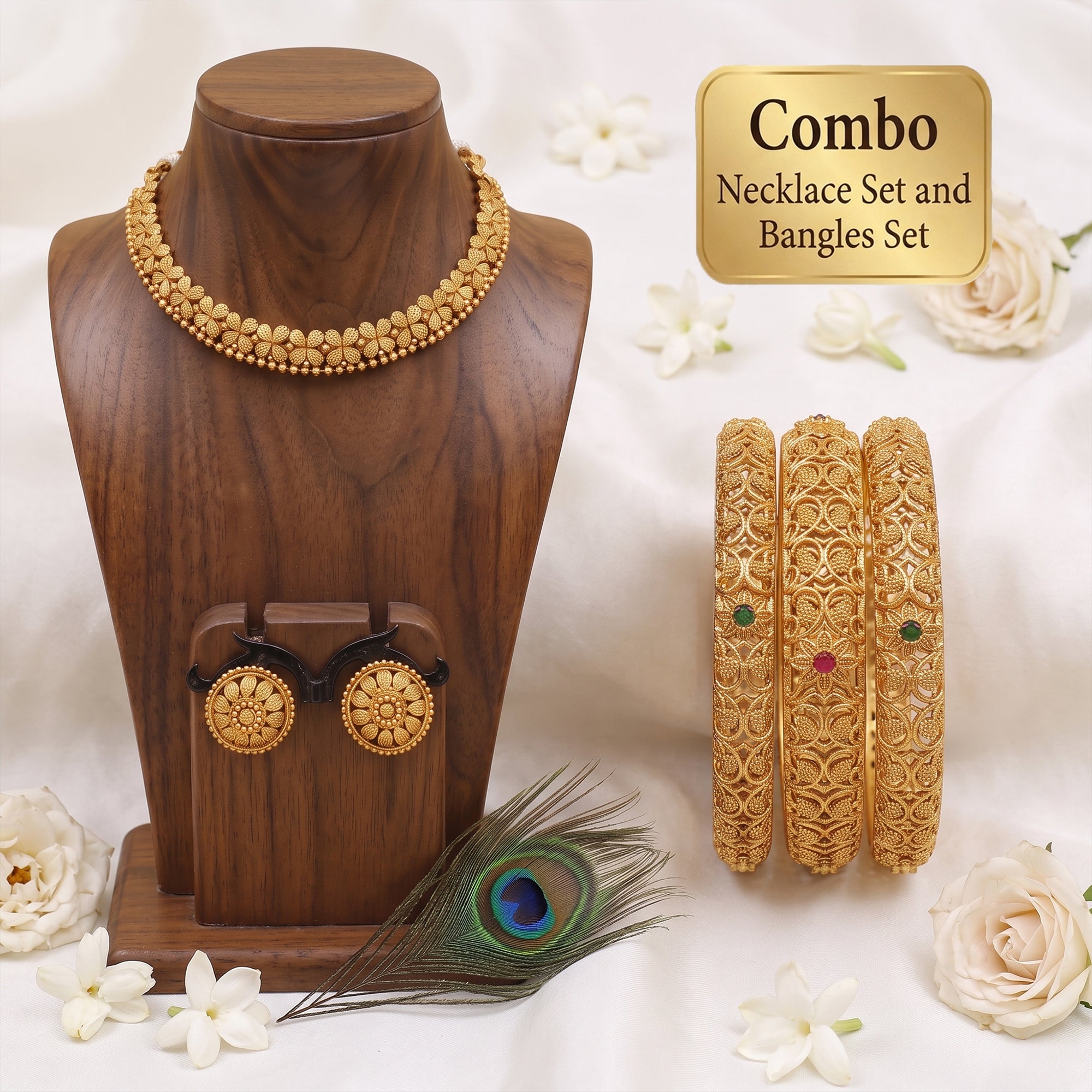 JS Fashion Combo Antique High Gold Necklace Set & High Gold Set of 6 Bangles For Women - Dista