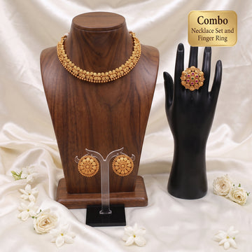 JS Fashion Combo Antique High Gold Necklace Set & Full Stone Finger Ring For Women - Dista