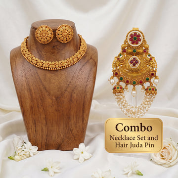 JS Fashion Comboantique High Gold Necklace Set & Temple Style High Gold Juda Hair Accessory For Women - Dista