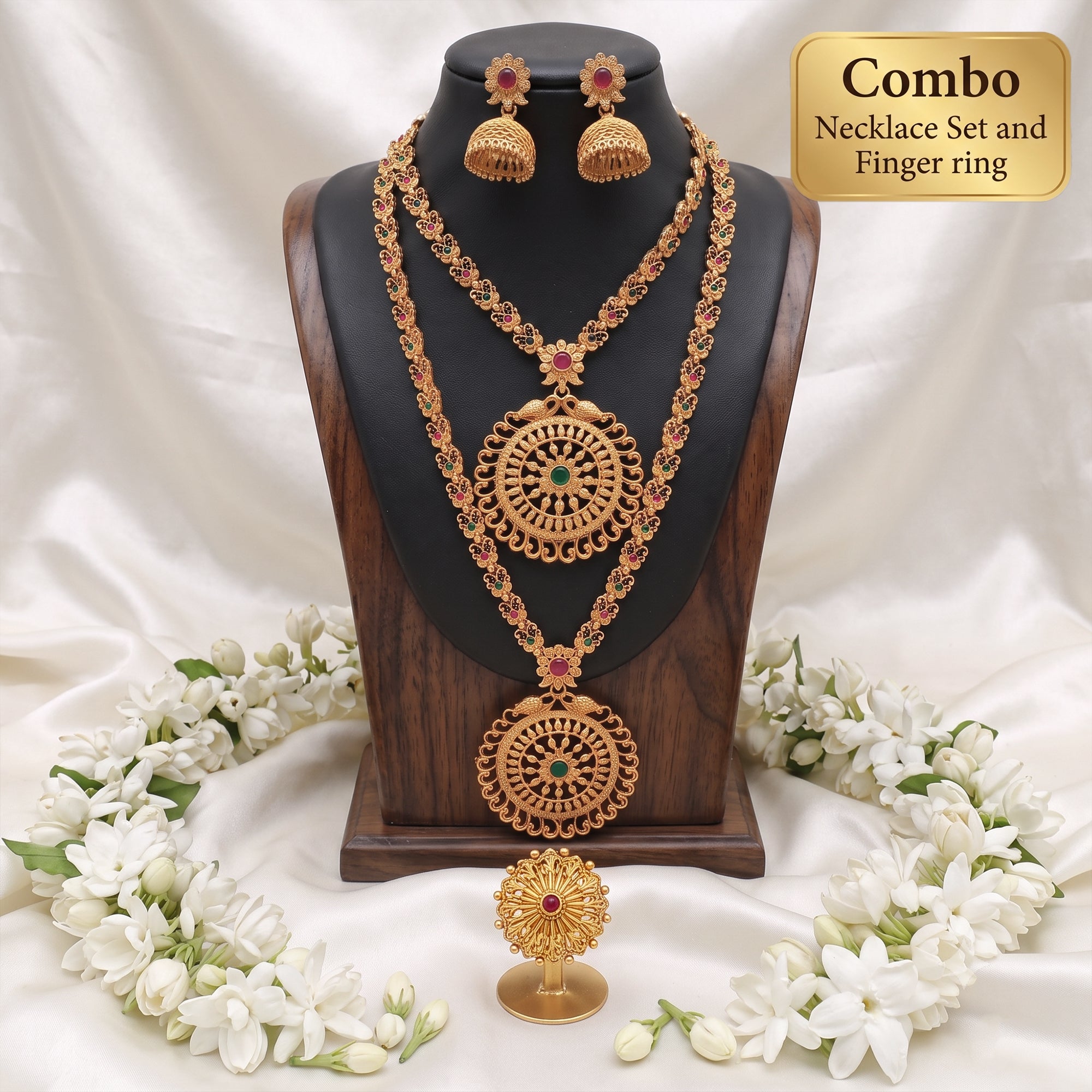 JS Fashion Combofull Antique Stone Necklace Set & Antique High Gold Finger Ring For Women - Dista