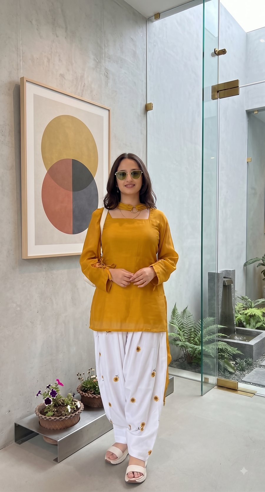 Teeya Creation Mustard Yellow Short Kurti with White Embroidered Farshi Salwar & Dupatta Set
