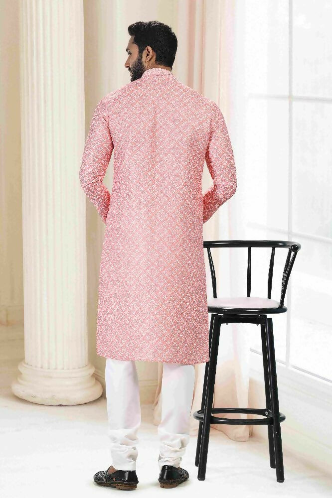 Raivat Ethnic Cotton Thread Work Kurta Pajama In Orange Colour - Dista