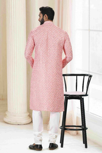 Raivat Ethnic Cotton Thread Work Kurta Pajama In Orange Colour - Dista