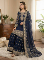 Thumbnail for Prazu Fashion Navy Blue Georgette Embroidered Sequins Sharara Suit