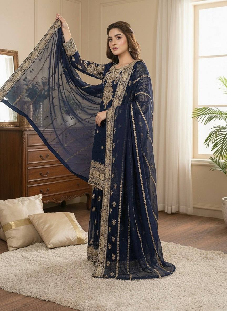 Prazu Fashion Navy Blue Georgette Embroidered Sequins Sharara Suit