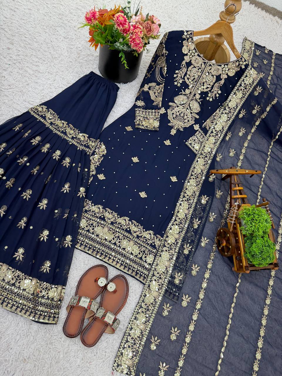 Prazu Fashion Navy Blue Georgette Embroidered Sequins Sharara Suit