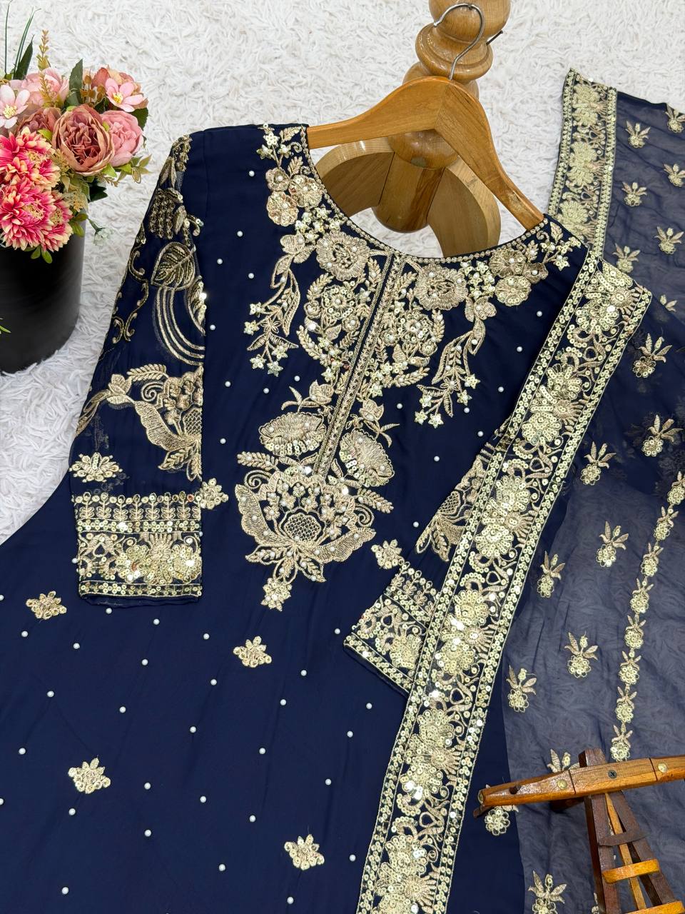 Prazu Fashion Navy Blue Georgette Embroidered Sequins Sharara Suit
