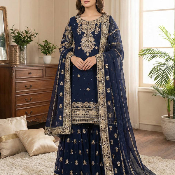 Prazu Fashion Navy Blue Georgette Embroidered Sequins Sharara Suit