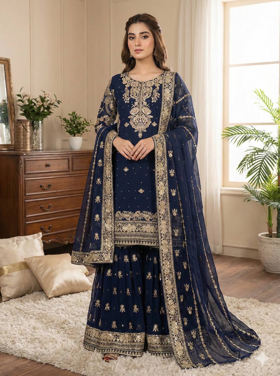 Prazu Fashion Navy Blue Georgette Embroidered Sequins Sharara Suit