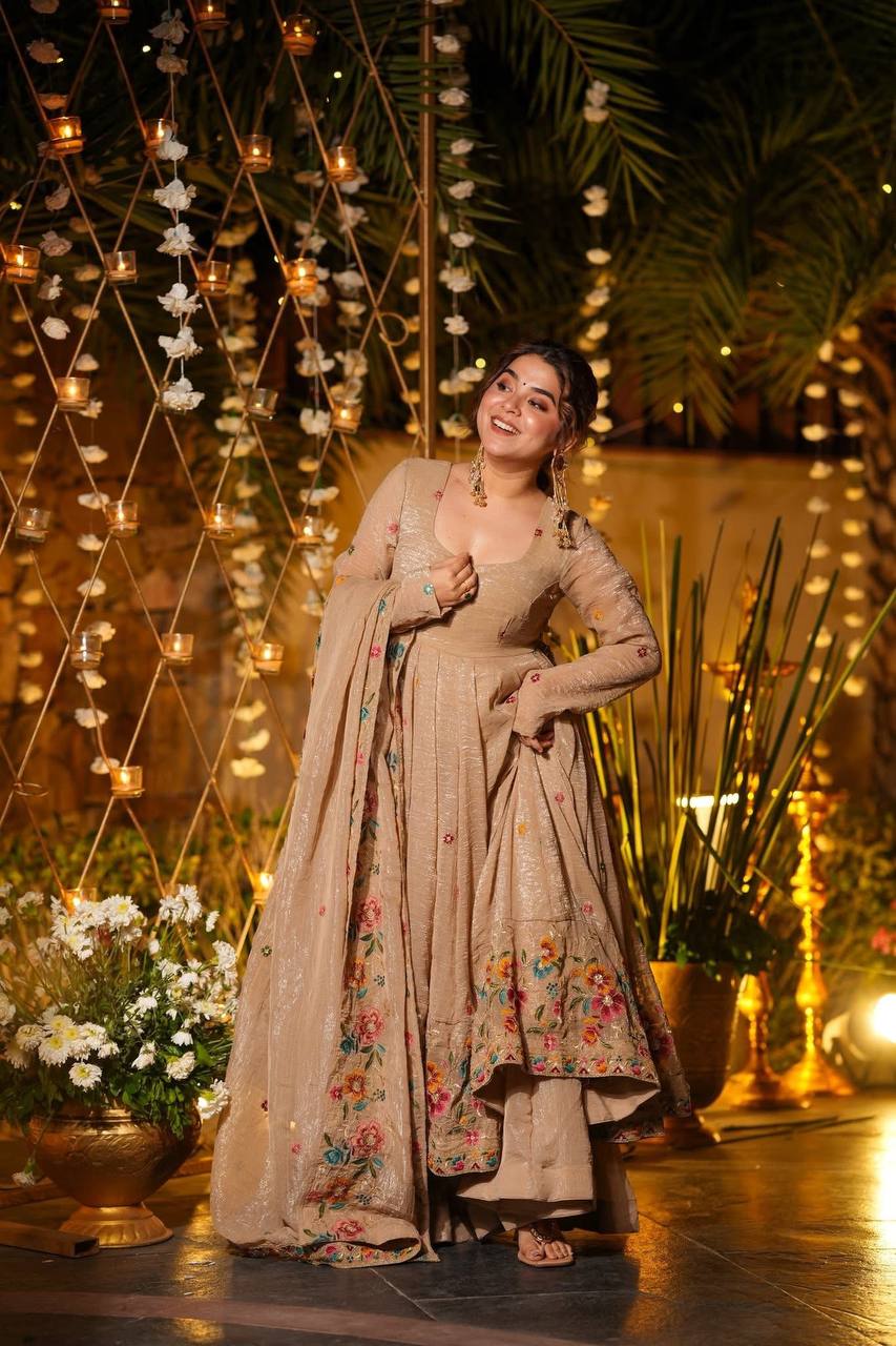 Prazu Fashion Cream Crunchy Silk With Embroidery Sequins Work Palazzo Suit - Distacart