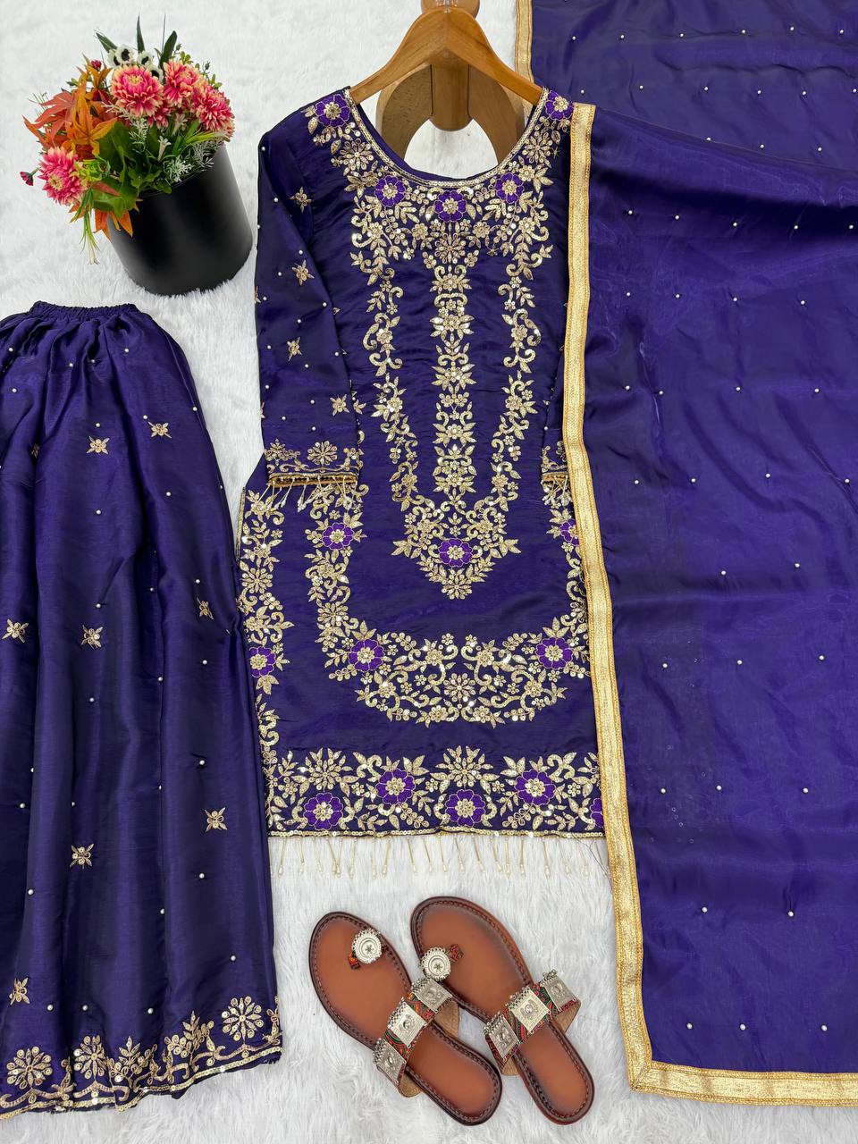 Prazu Fashion Blue Silk Embroidered With Sequence Sharara Suit