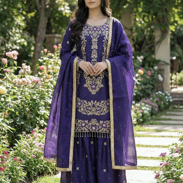 Prazu Fashion Blue Silk Embroidered With Sequence Sharara Suit