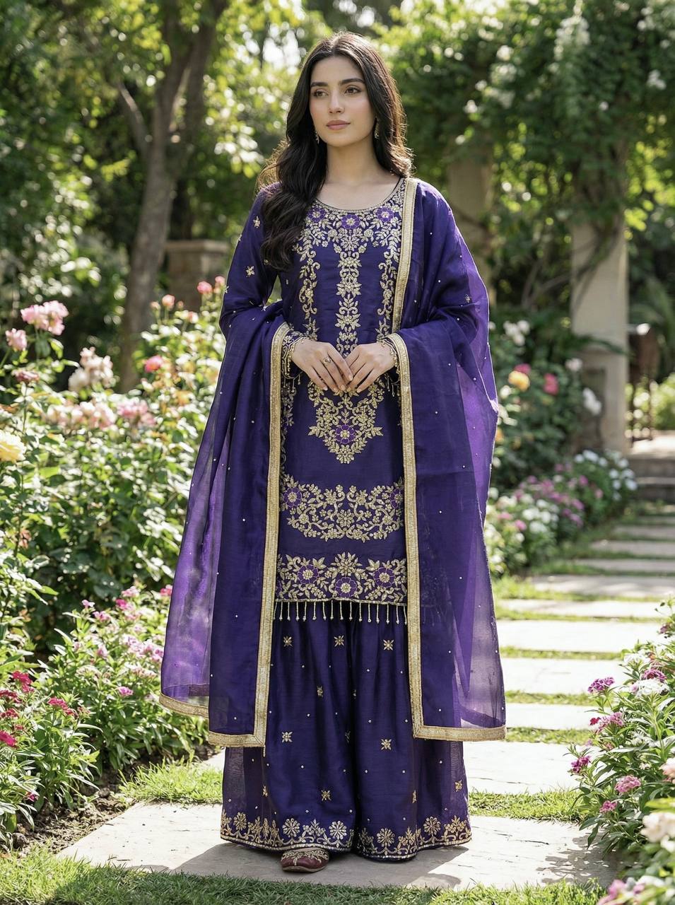 Prazu Fashion Blue Silk Embroidered With Sequence Sharara Suit