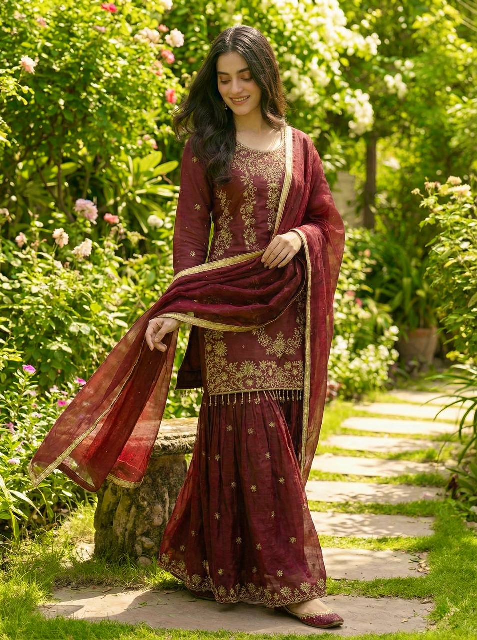 Prazu Fashion Maroon Silk Embroidered With Sequence Sharara Suit