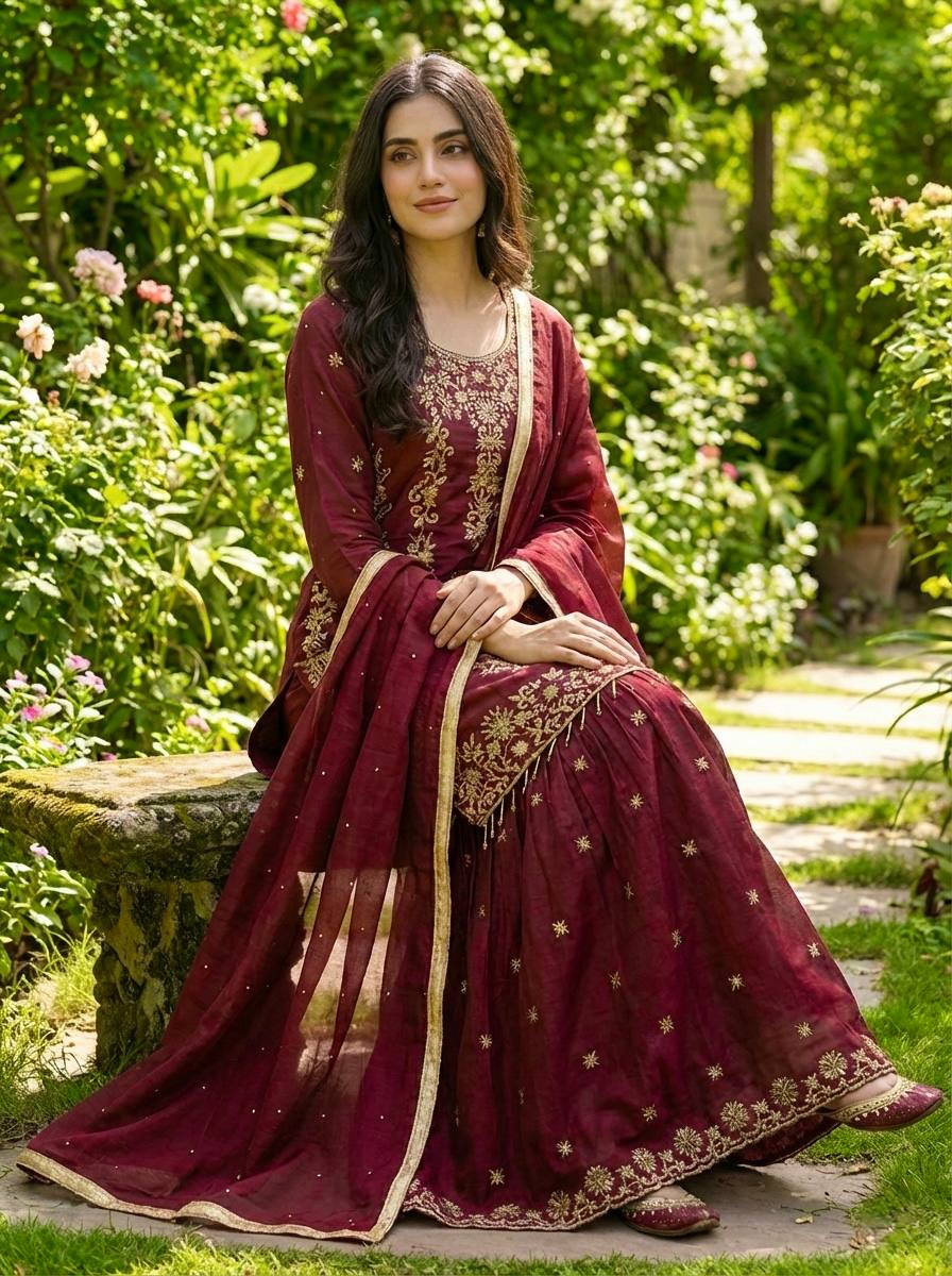 Prazu Fashion Maroon Silk Embroidered With Sequence Sharara Suit
