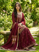 Thumbnail for Prazu Fashion Maroon Silk Embroidered With Sequence Sharara Suit