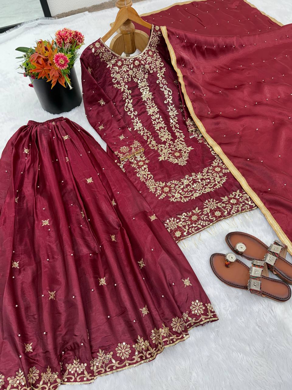 Prazu Fashion Maroon Silk Embroidered With Sequence Sharara Suit