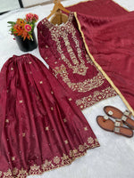 Thumbnail for Prazu Fashion Maroon Silk Embroidered With Sequence Sharara Suit