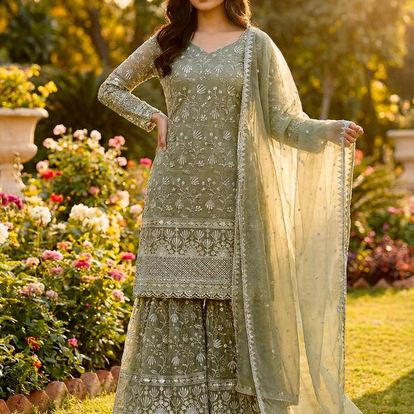 Prazu Fashion Olive Green Pure Jimmy Silk Embroidered With Sequins Sharara Suit - Distacart