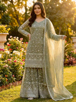 Thumbnail for Prazu Fashion Olive Green Pure Jimmy Silk Embroidered With Sequins Sharara Suit - Distacart