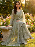 Thumbnail for Prazu Fashion Olive Green Pure Jimmy Silk Embroidered With Sequins Sharara Suit - Distacart
