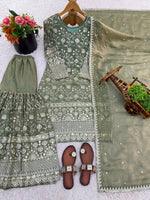 Thumbnail for Prazu Fashion Olive Green Pure Jimmy Silk Embroidered With Sequins Sharara Suit - Distacart