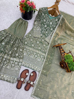 Thumbnail for Prazu Fashion Olive Green Pure Jimmy Silk Embroidered With Sequins Sharara Suit - Distacart
