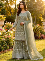 Thumbnail for Prazu Fashion Olive Green Pure Jimmy Silk Embroidered With Sequins Sharara Suit - Distacart