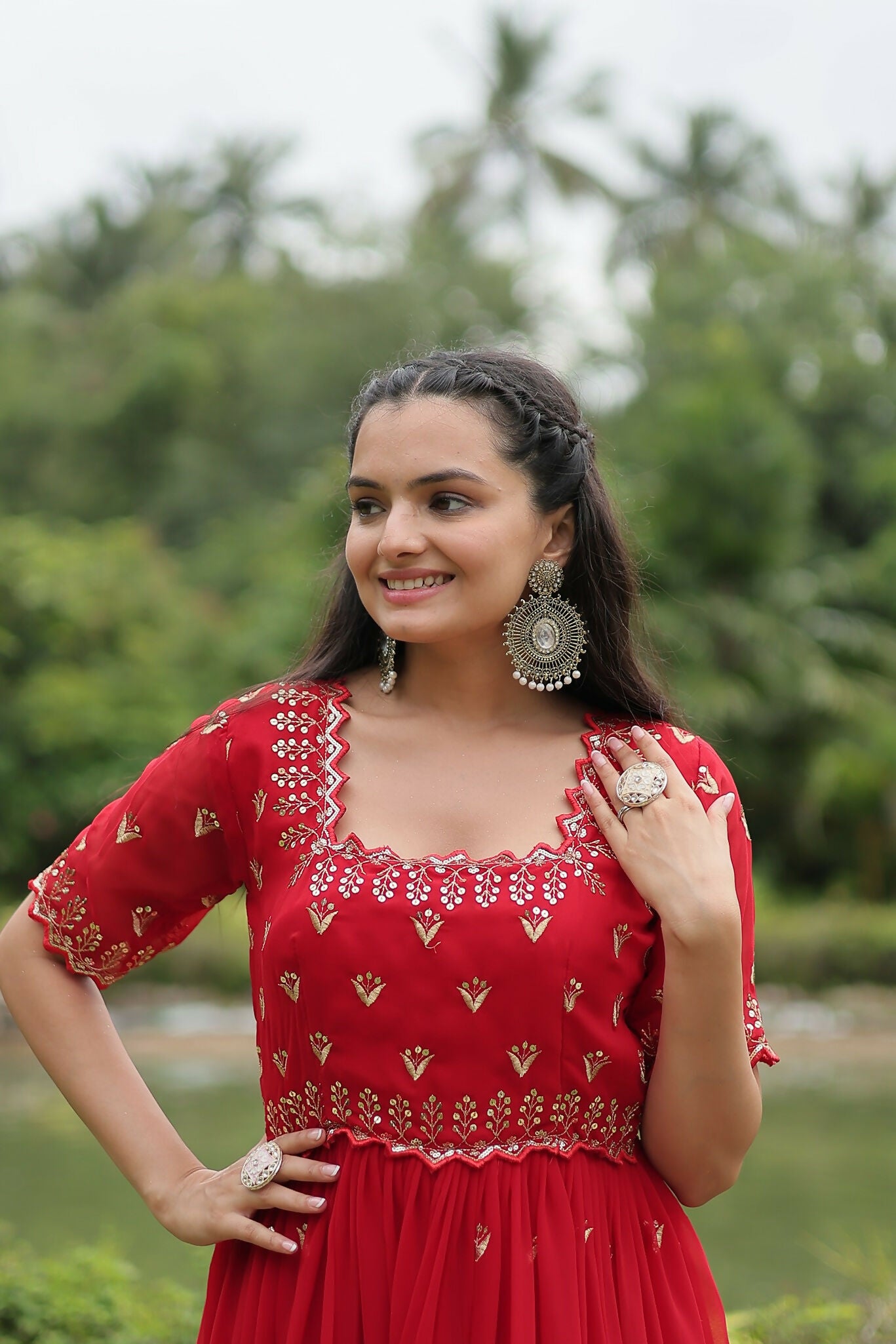 Joban Fashion Red Georgette Sequence Embroidery Work Gown